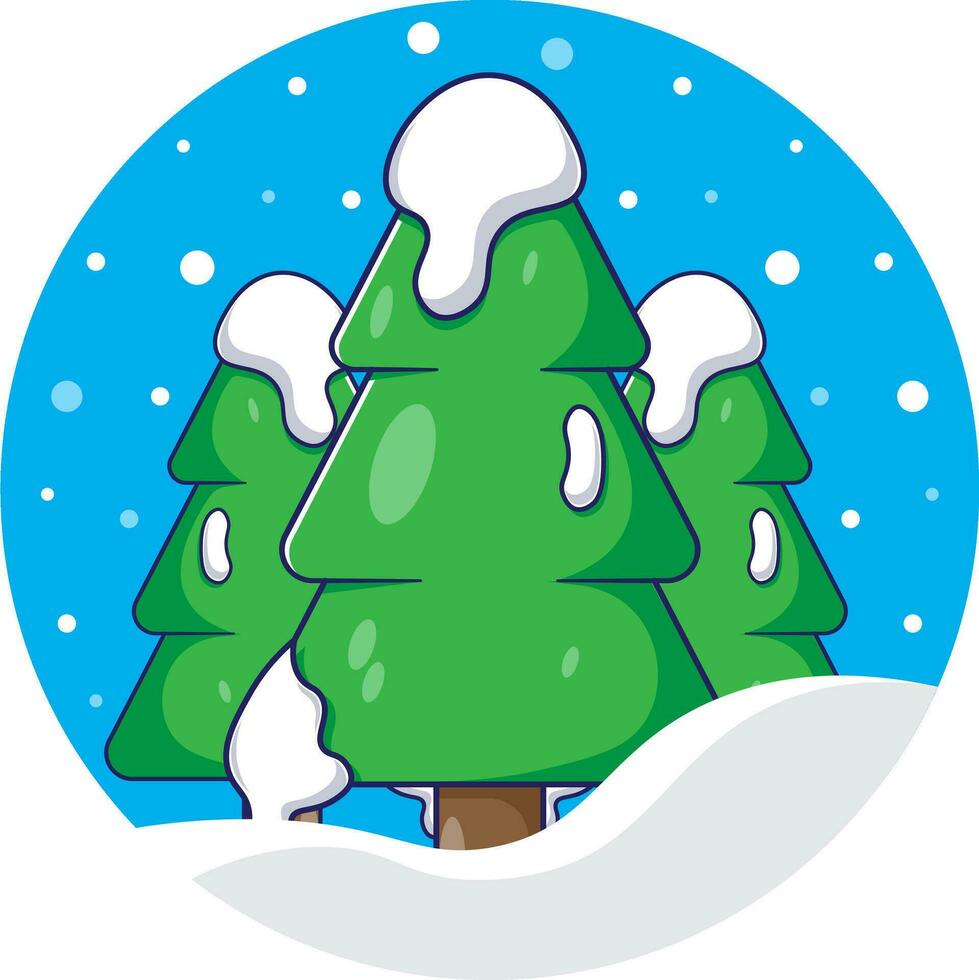 Pine tree stickers vector illustration with snow fall background. beautiful scenery in winter seasons