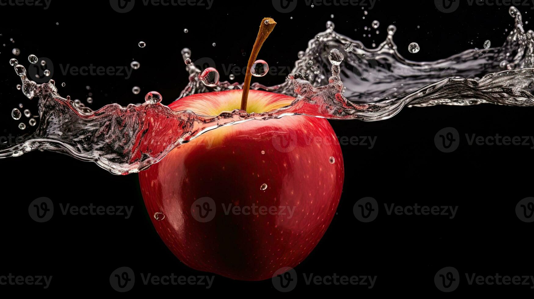 AI generated Fresh red apple with water splash isolated on black AI Generative photo