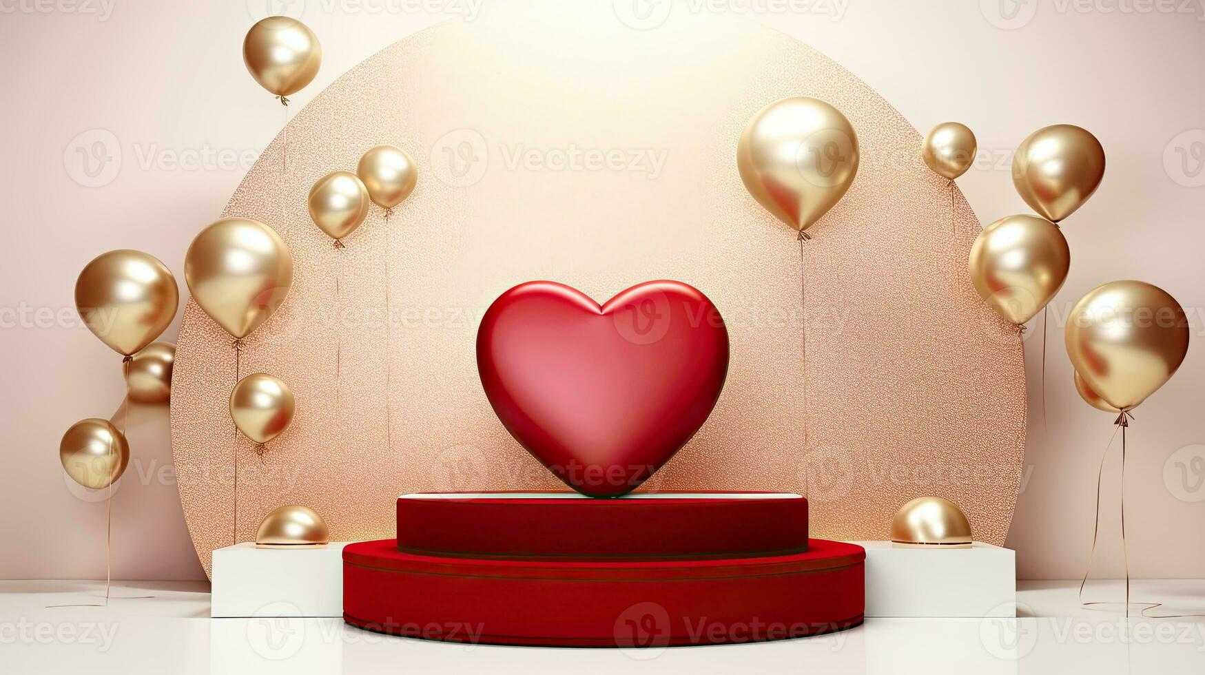 AI generated Gold heart on the podium with gold balloon AI Generative photo