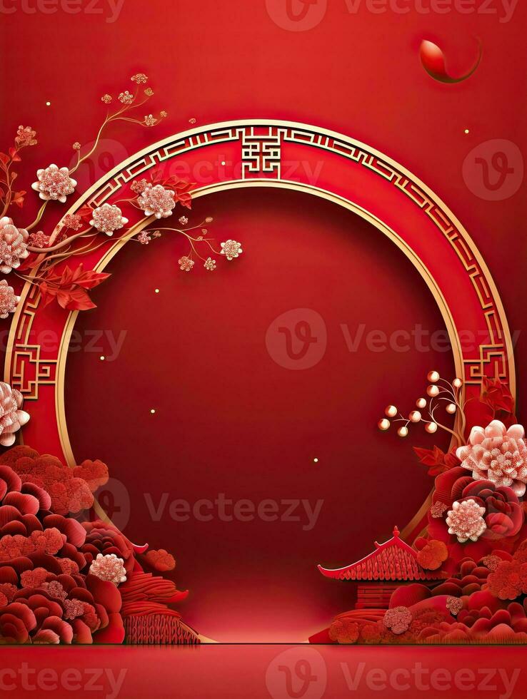 AI generated Circle Chinese rounded element with flower on the red backgroundAI Generative photo