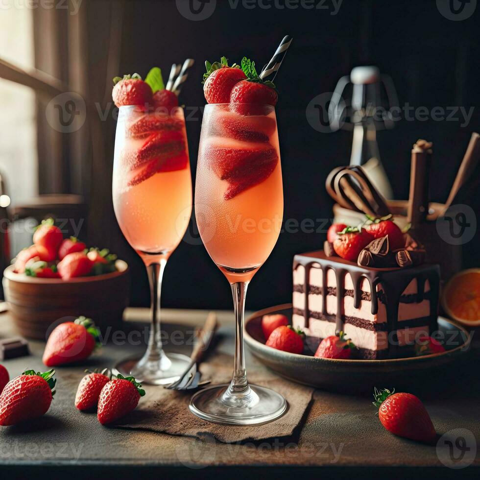 AI generated Fresh strawberry cocktail with cake AI Generative photo