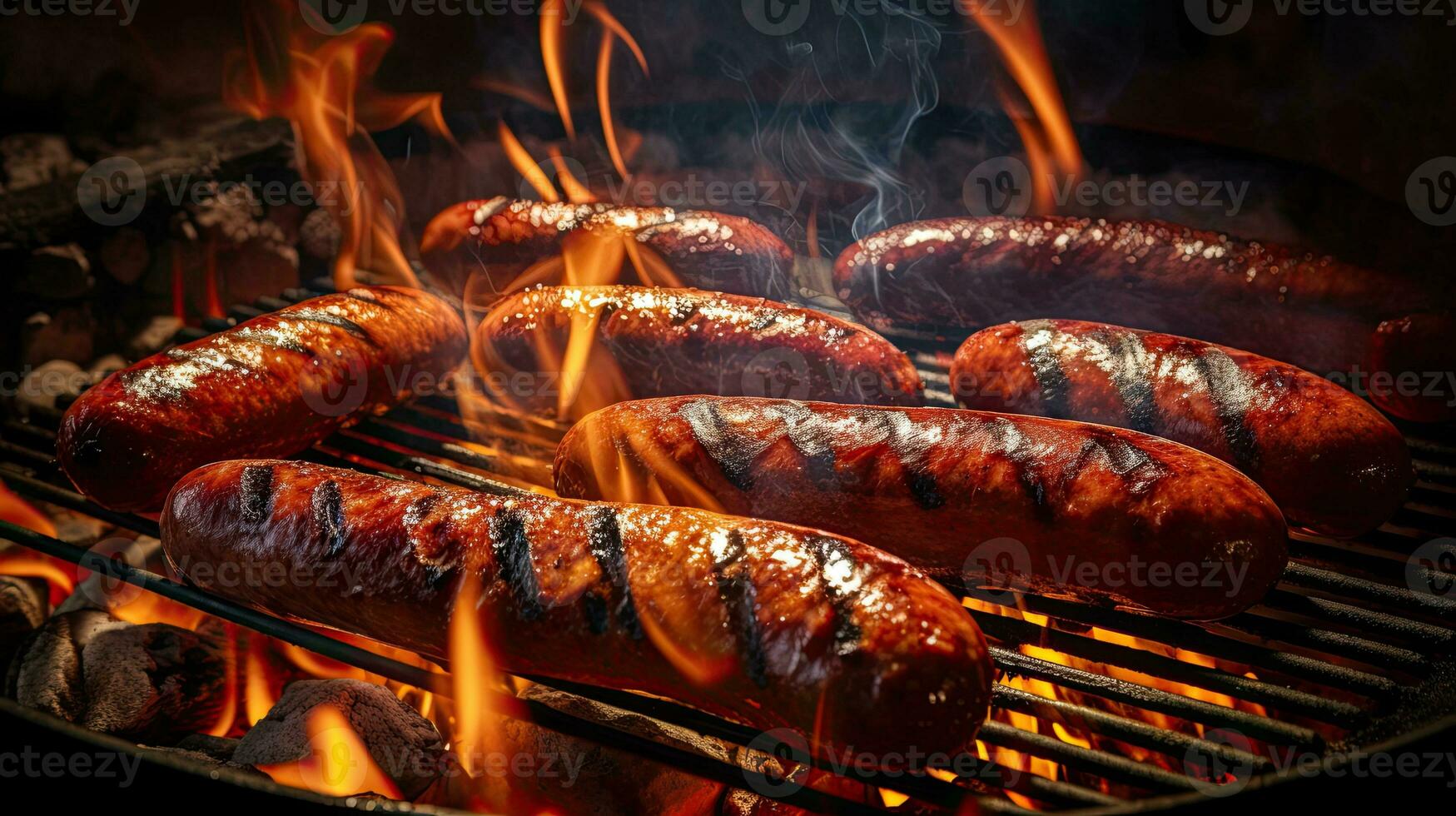 AI generated Grilled sausage with fire burning AI Generative photo
