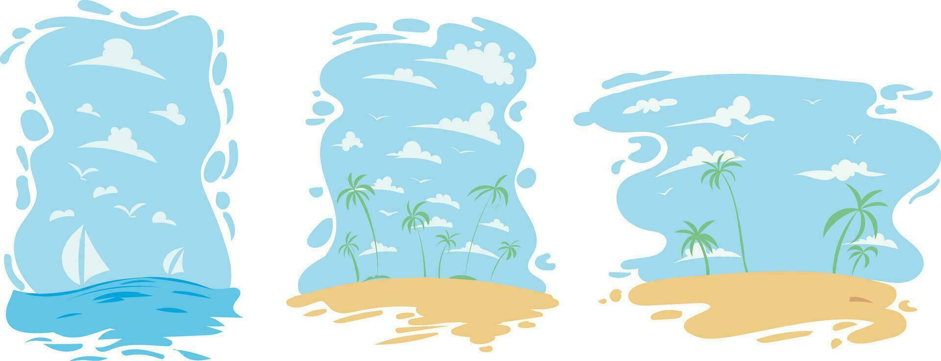 Set of summer travel fliers with beach items and palm tree. Vector illustration