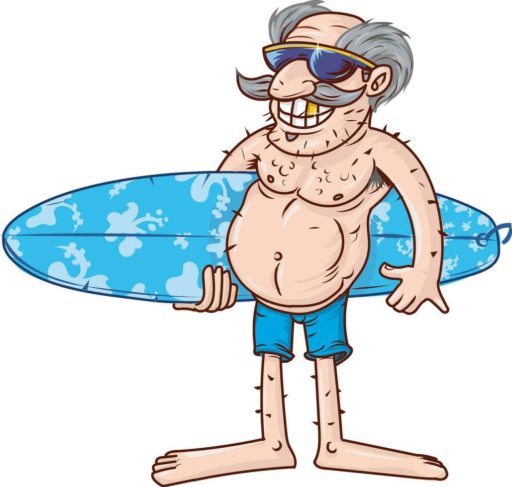 Senior man with surfboard on  white background vector