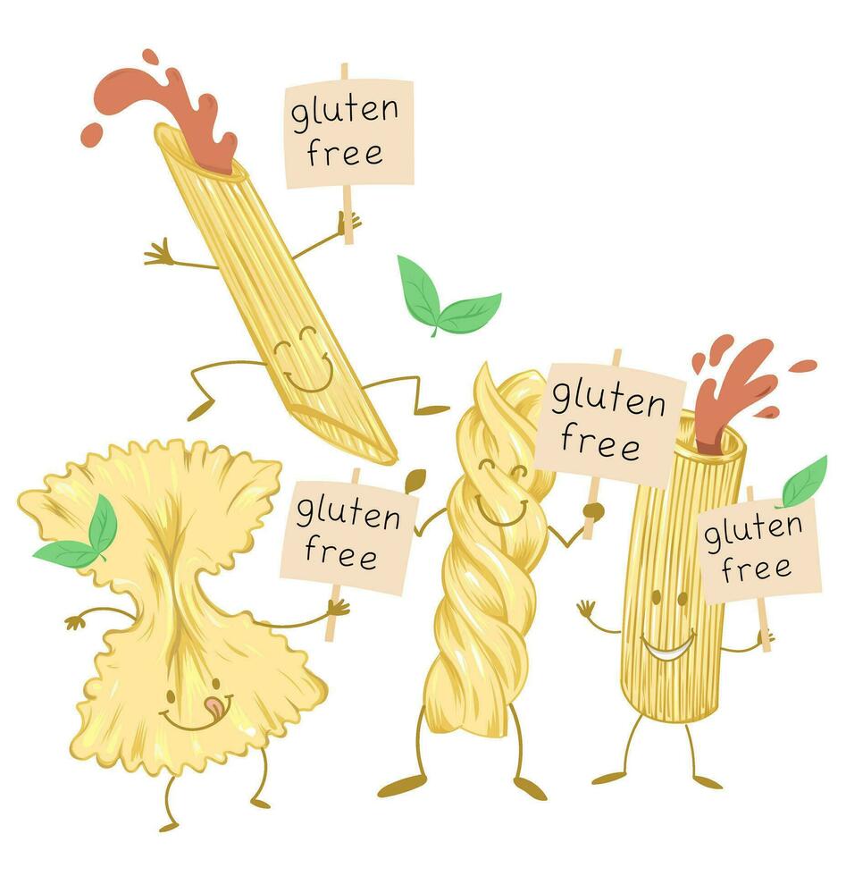 Pasta food, Cute cartoon character with signboard cartel gluten free set. vector illustration
