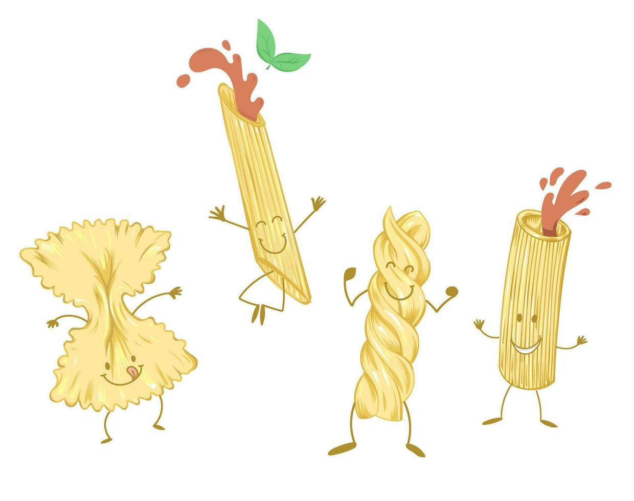 Cartoon pasta characters, happy italian macaroni food. vector illustration