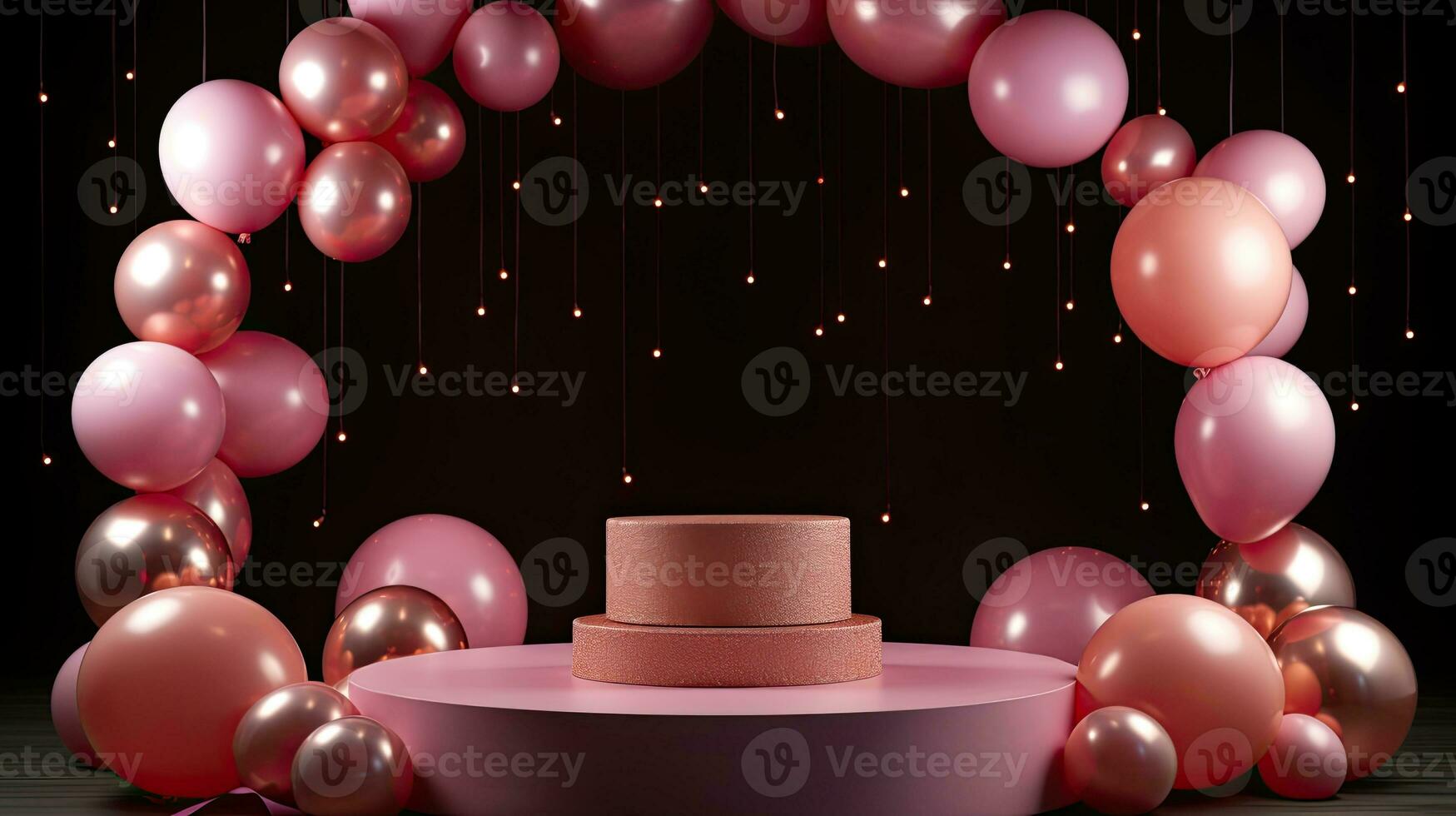 AI generated Portrait pink podium with pink balloon on the black background AI Generative photo