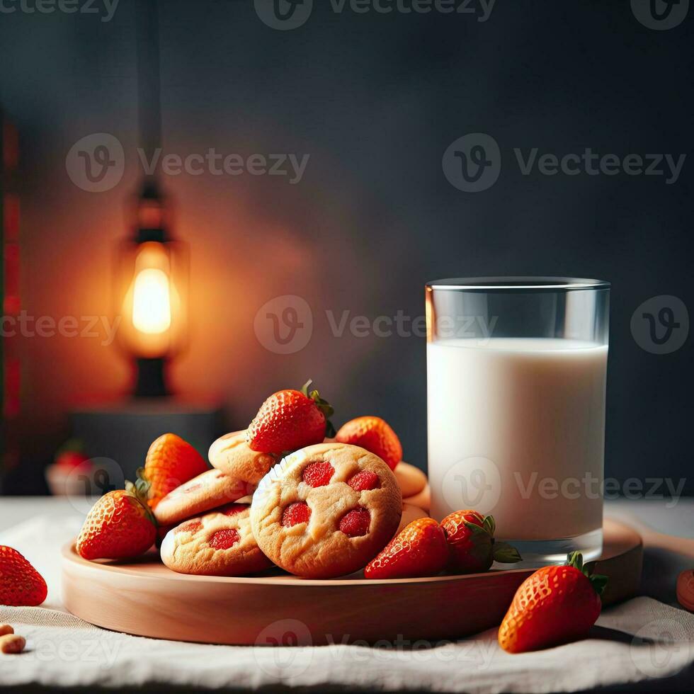 AI generated Strawberry cookies with a glass milk AI Generative photo