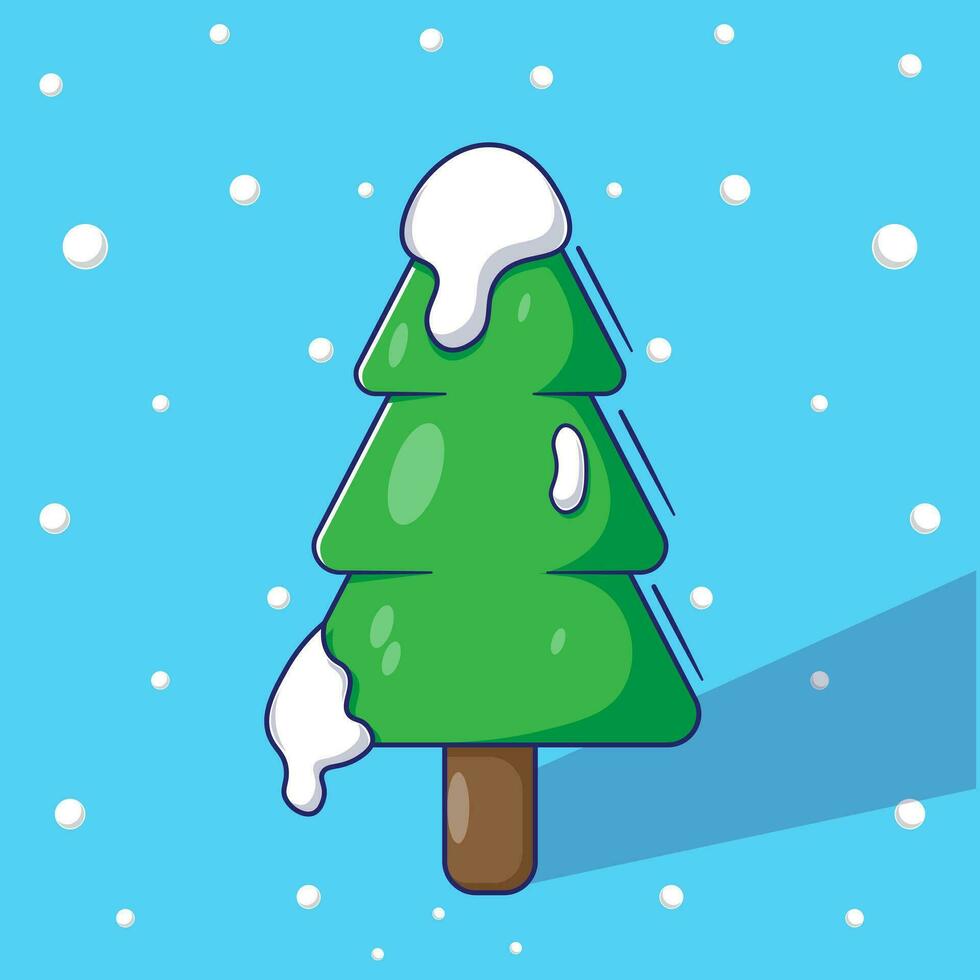 Flat cartoon pine tree vector with snowfall illustration. cute design vector for celebrate the winter