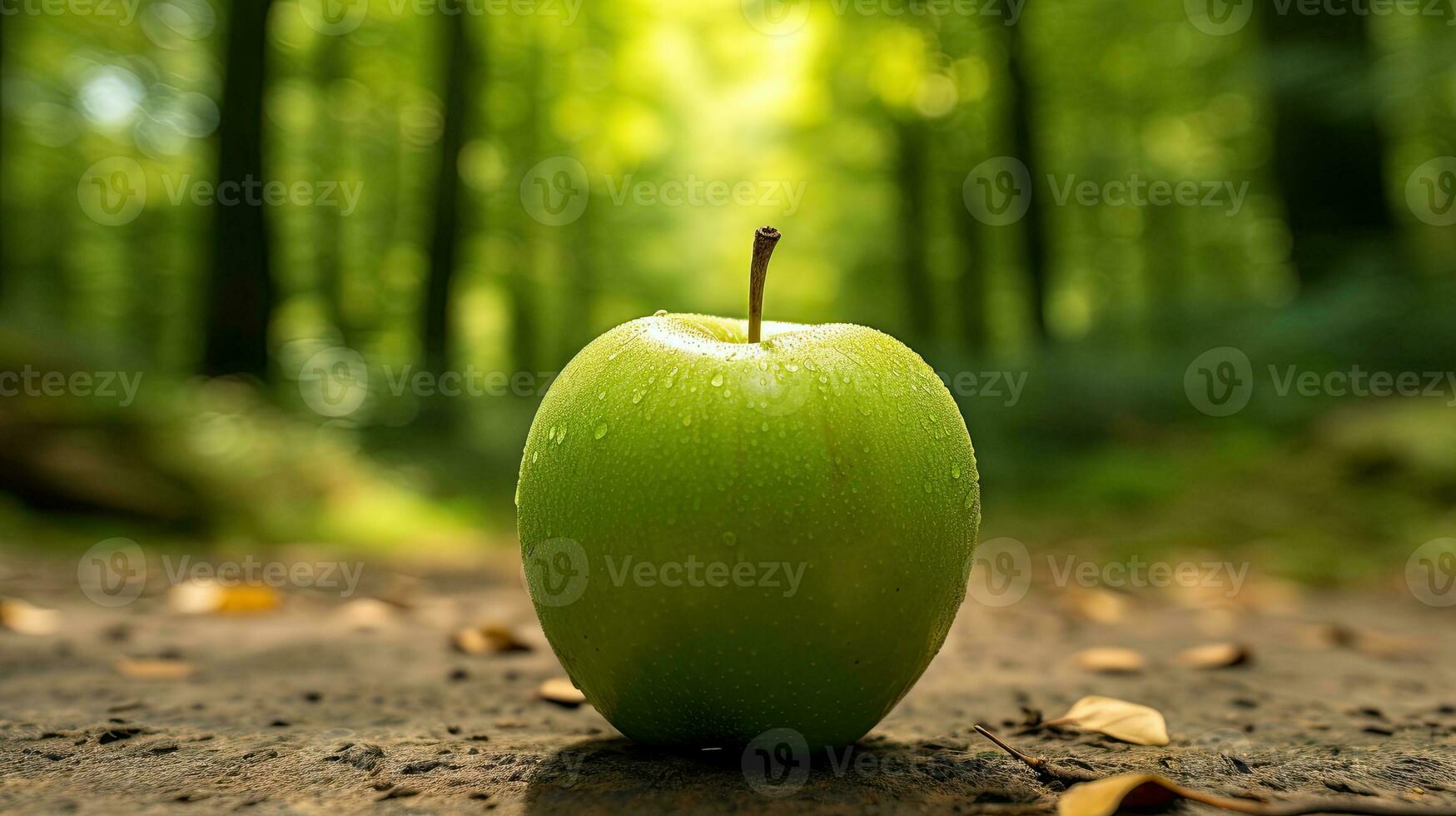 AI generated Fresh green apple on the field with light exposure photo