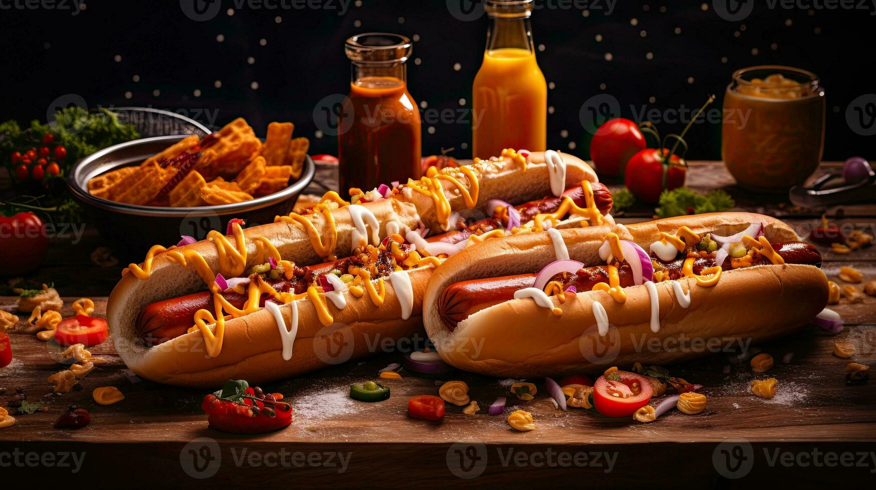 AI generated Delicious hotdog on the wooden table AI Generative photo