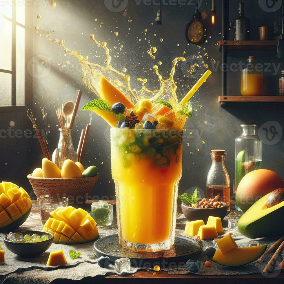 AI generated Splash mango juice with light exposure AI Generative photo