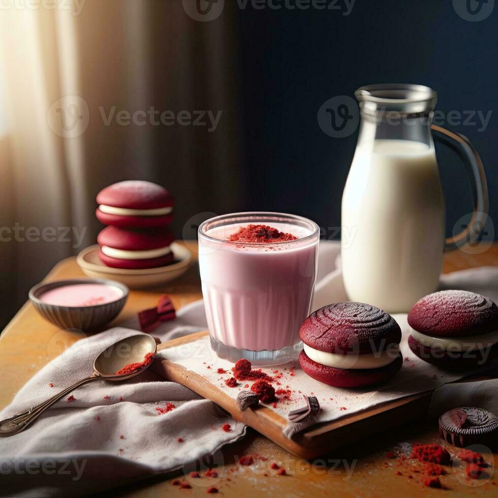 AI generated Creamy strawberry milk with mini cake AI Generative photo