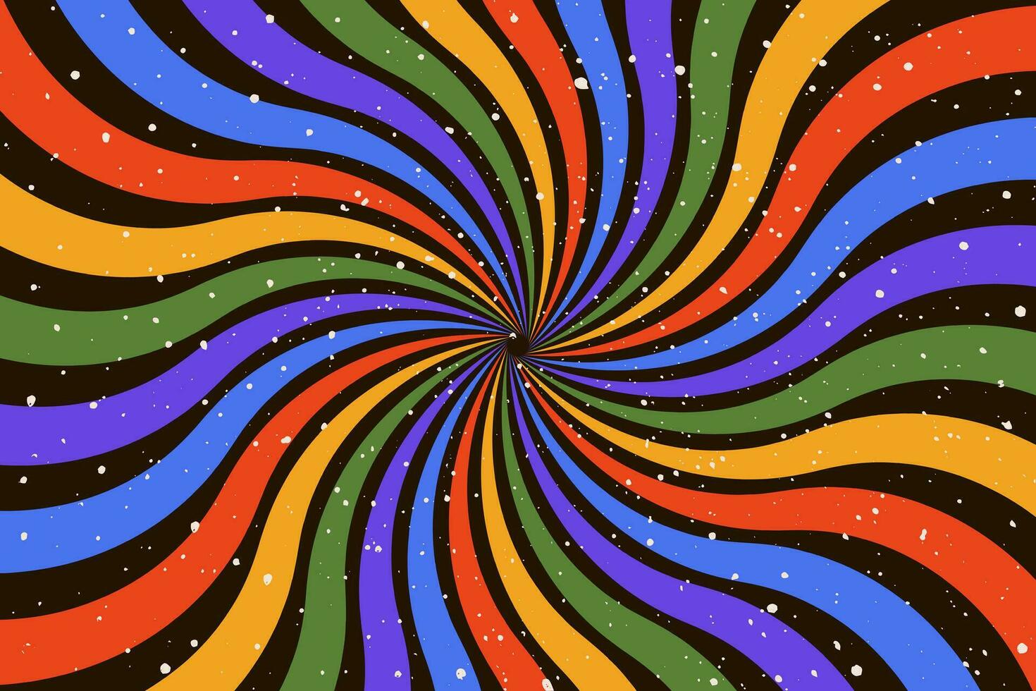 Groovy abstract rainbow swirl on black background. Retro design in 1960-1970s style. Vintage sunburst backdrop. Colorful summer hippie carnival vector illustration