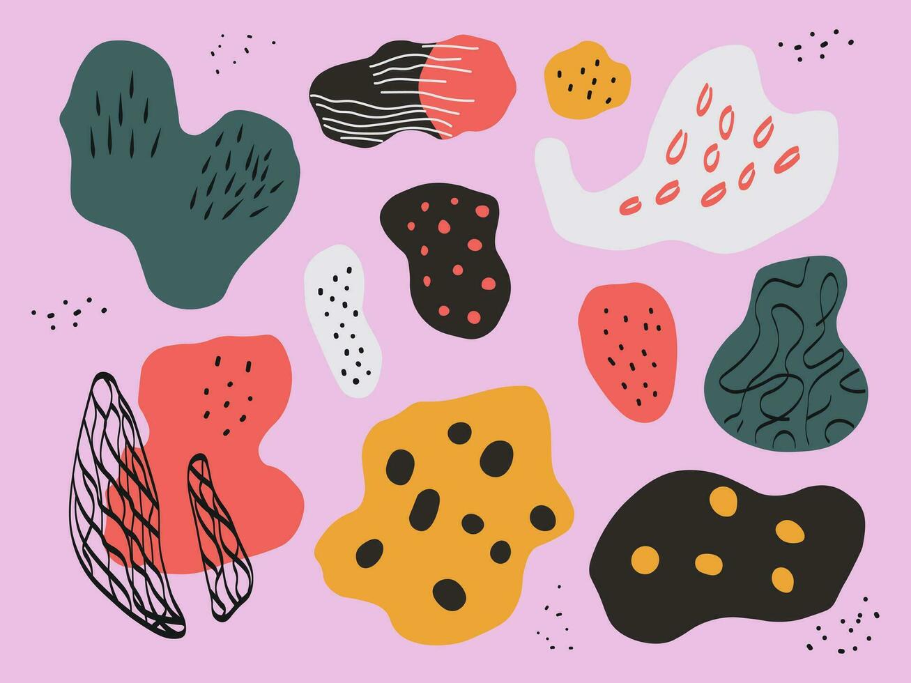 Set hand drawn shapes isolated on pink background. Colorful design with doodle nature forms. Collection of liquid organic figures. Naive vector illustration