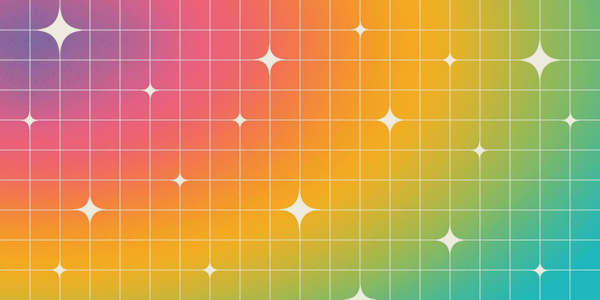 Y2K blurry rainbow gradient background with linear grid and star shapes. Cool banner template in 2000s aesthetic. Trendy minimalist vector design in brutalism style