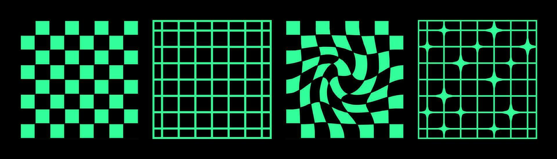 Set of acid abstract y2k aesthetics backgrounds with grids, chessboards, blinks and distortions. Vector decorative art.