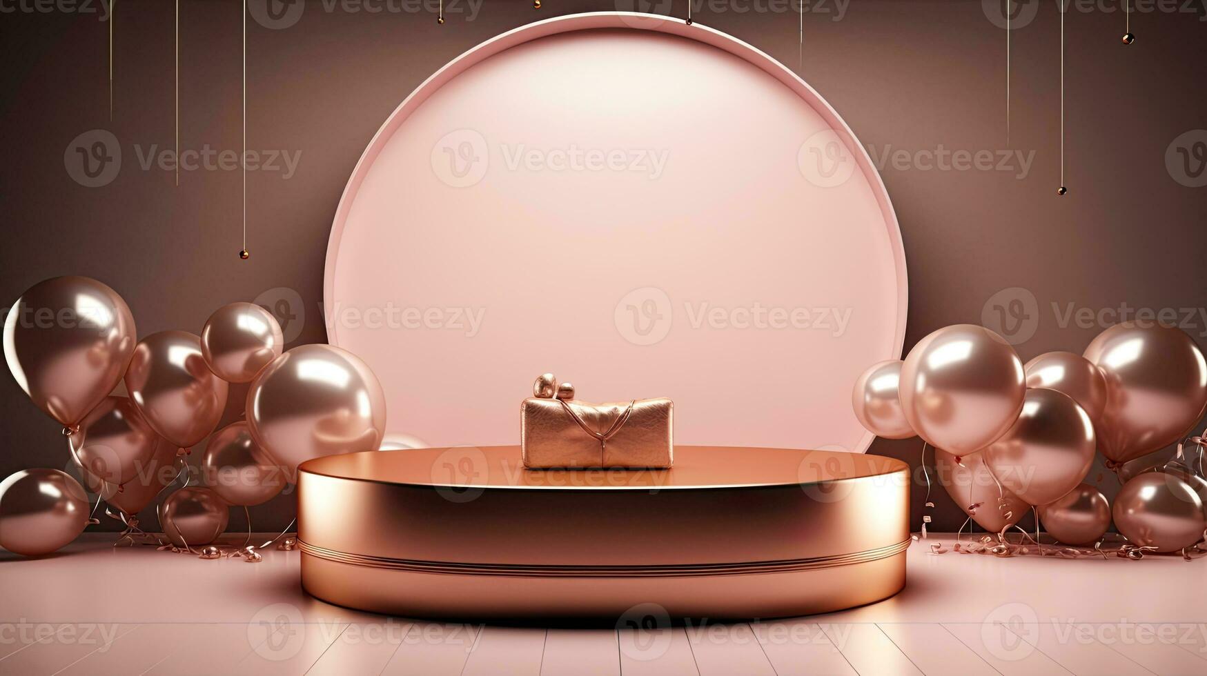 AI generated Gold product podium mockup with pink balloon AI Generative photo