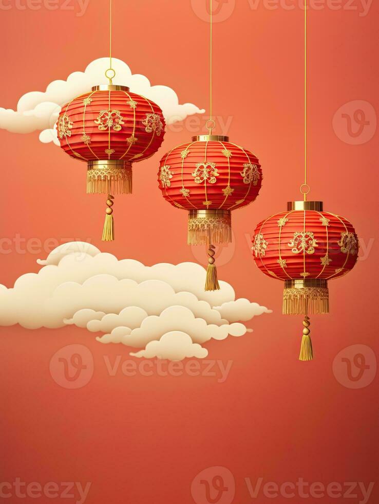 AI generated Portrait Chinese lantern with clouds on the red background AI Generative photo