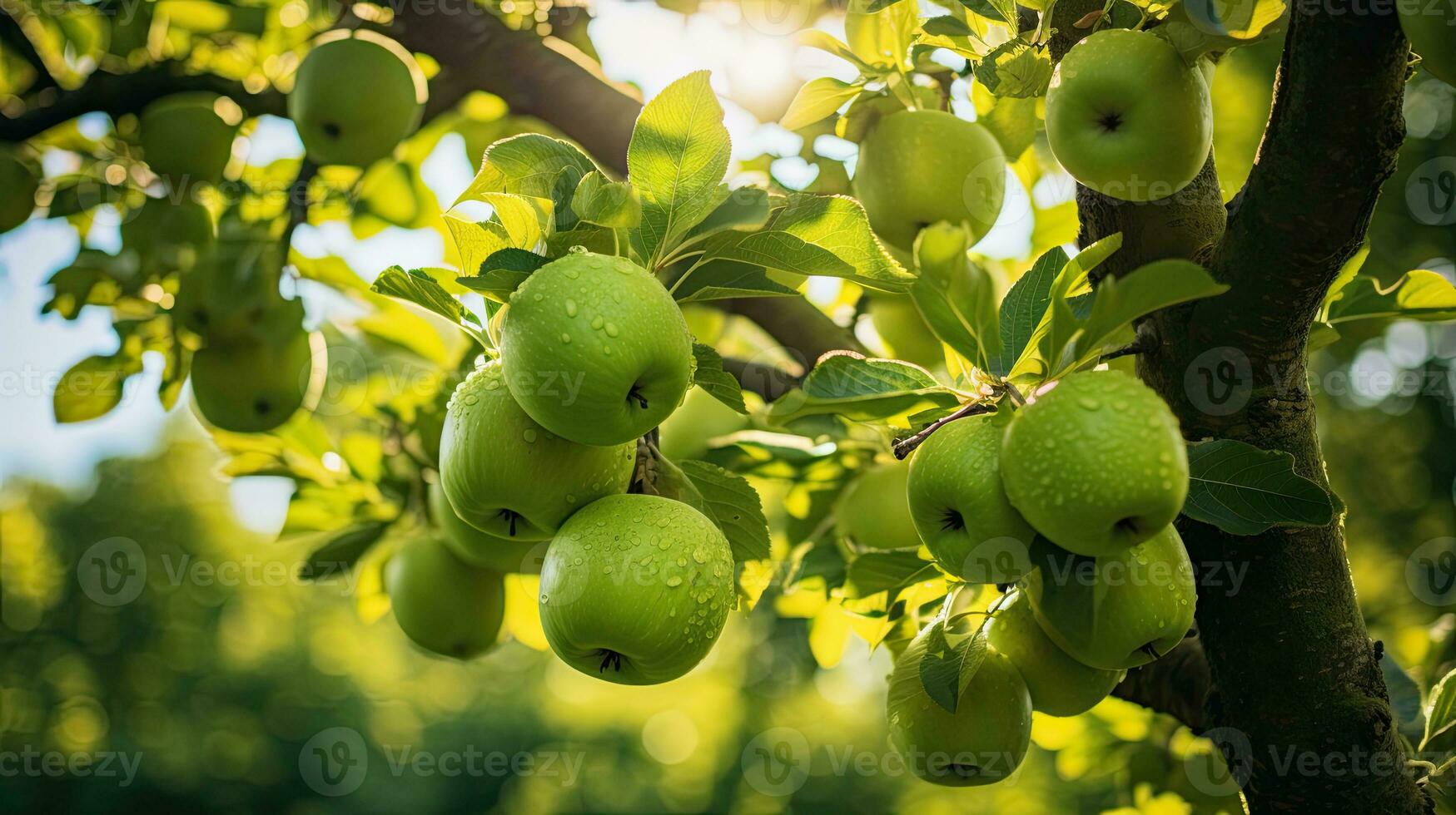 AI generated Fresh green apple on the field with light exposure photo