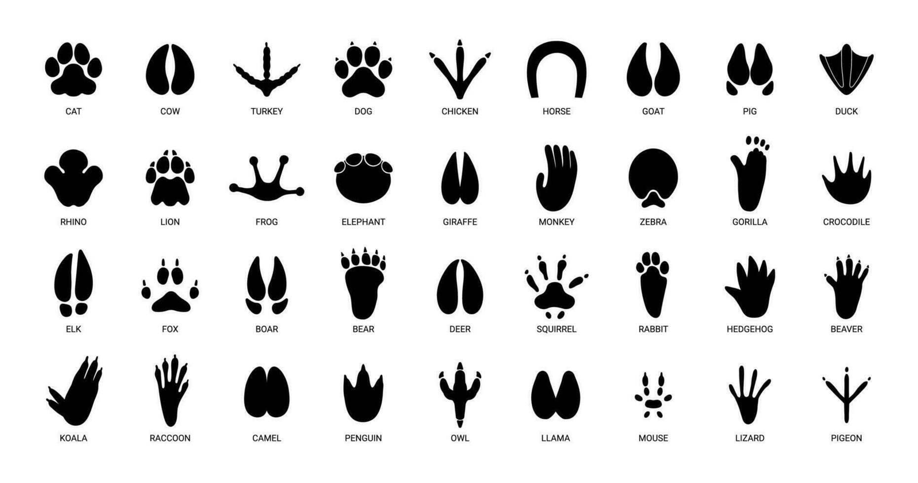 Animals footprints. Prints animal bird paw, wildlife foot icon, domestic pets footstep silhouette, print hoofed feet, black amphibia feet track vector set