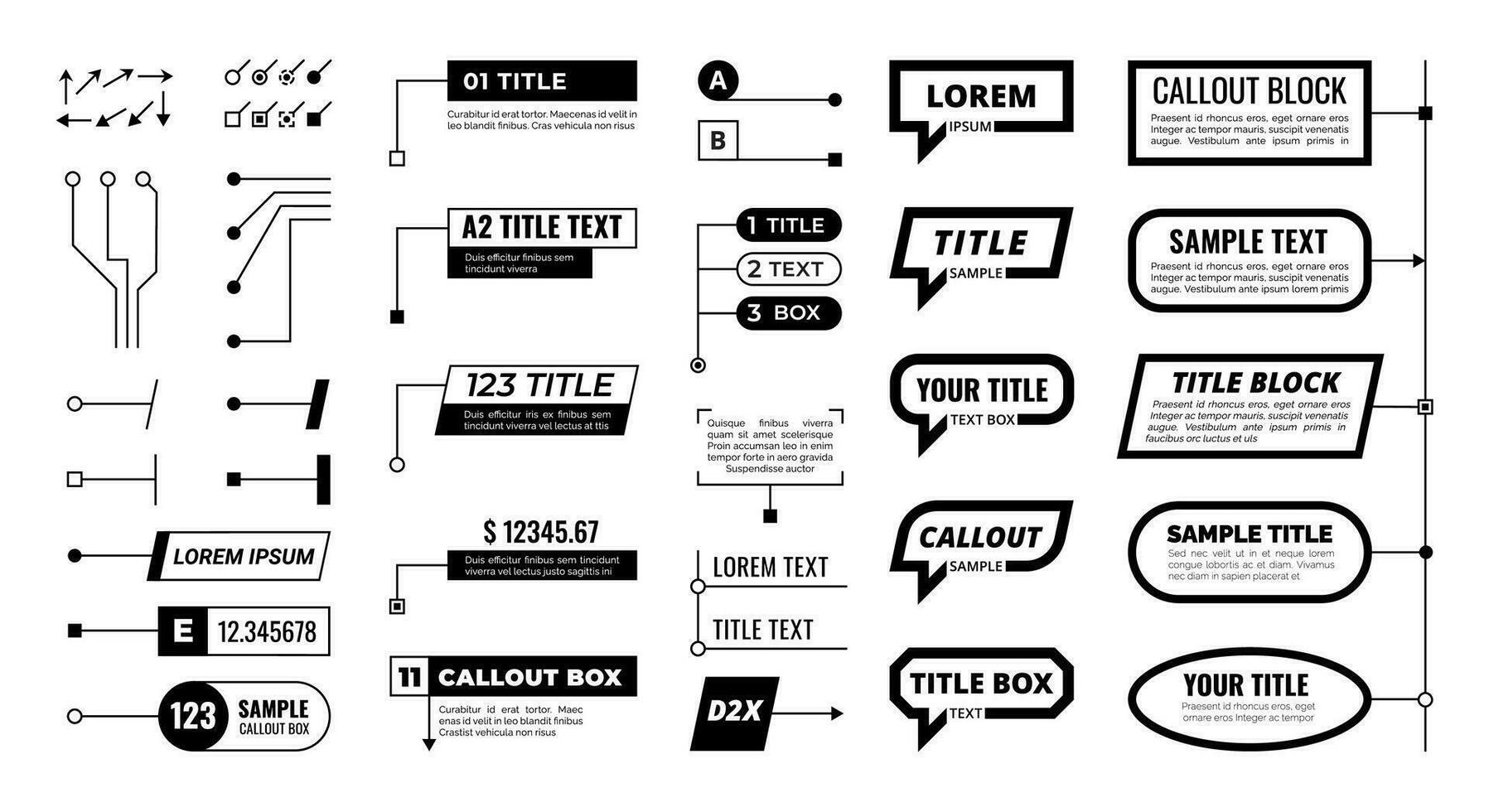 Callout. Title box, design label infographic elements. Text callouts, information banners with arrow. Isolated textbox, editable stroke vector set