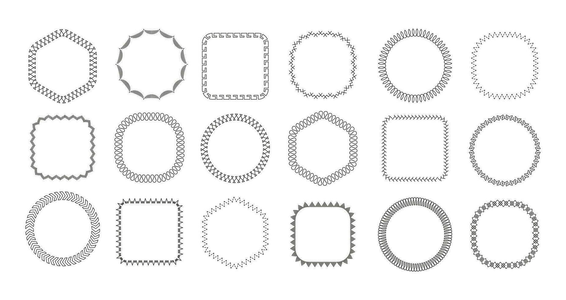 Sew stitch frame. Embroidery sewing seam frames, thread stiches borders, sewed machine seams shapes, ornamental napkin. Vector set