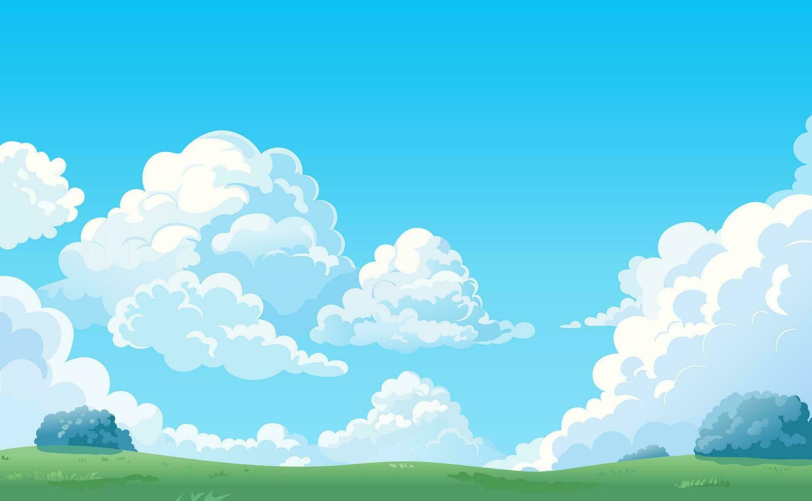 Cartoon landscape with white clouds on sky. Background with cloud and beautiful field, summer green country hill, meadow scene, spring nature land. Vector illustration