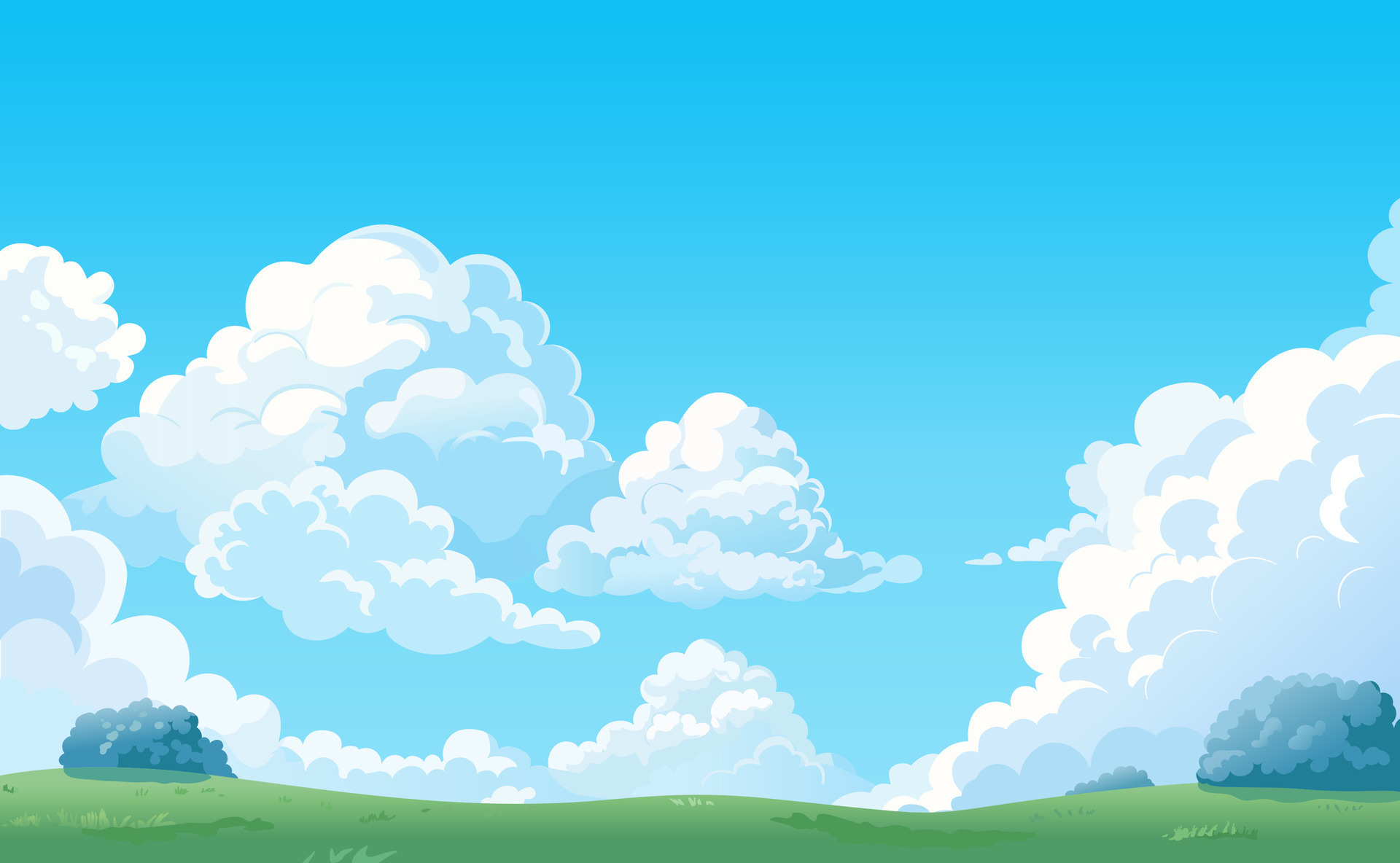 Cartoon landscape with white clouds on sky. Background with cloud and