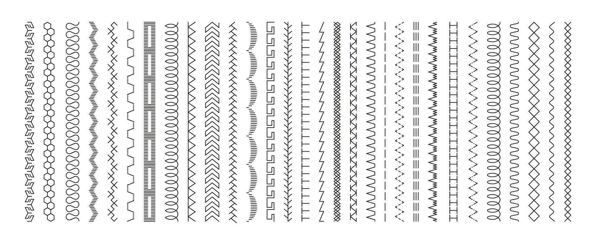 Sewing machine stitches. Stitching seam line, textile embroidery stitch border, binder seams, thread stripe, seamless pattern brushes. Vector set