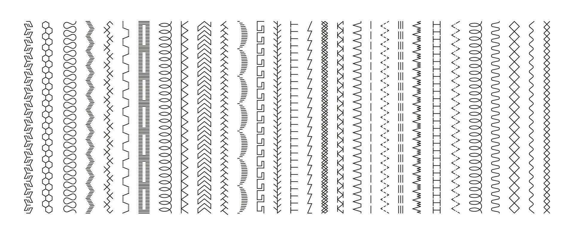 de coser máquina puntadas puntadas costura línea, textil bordado puntada borde, aglutinante costuras, hilo raya, sin costura modelo cepillos vector conjunto