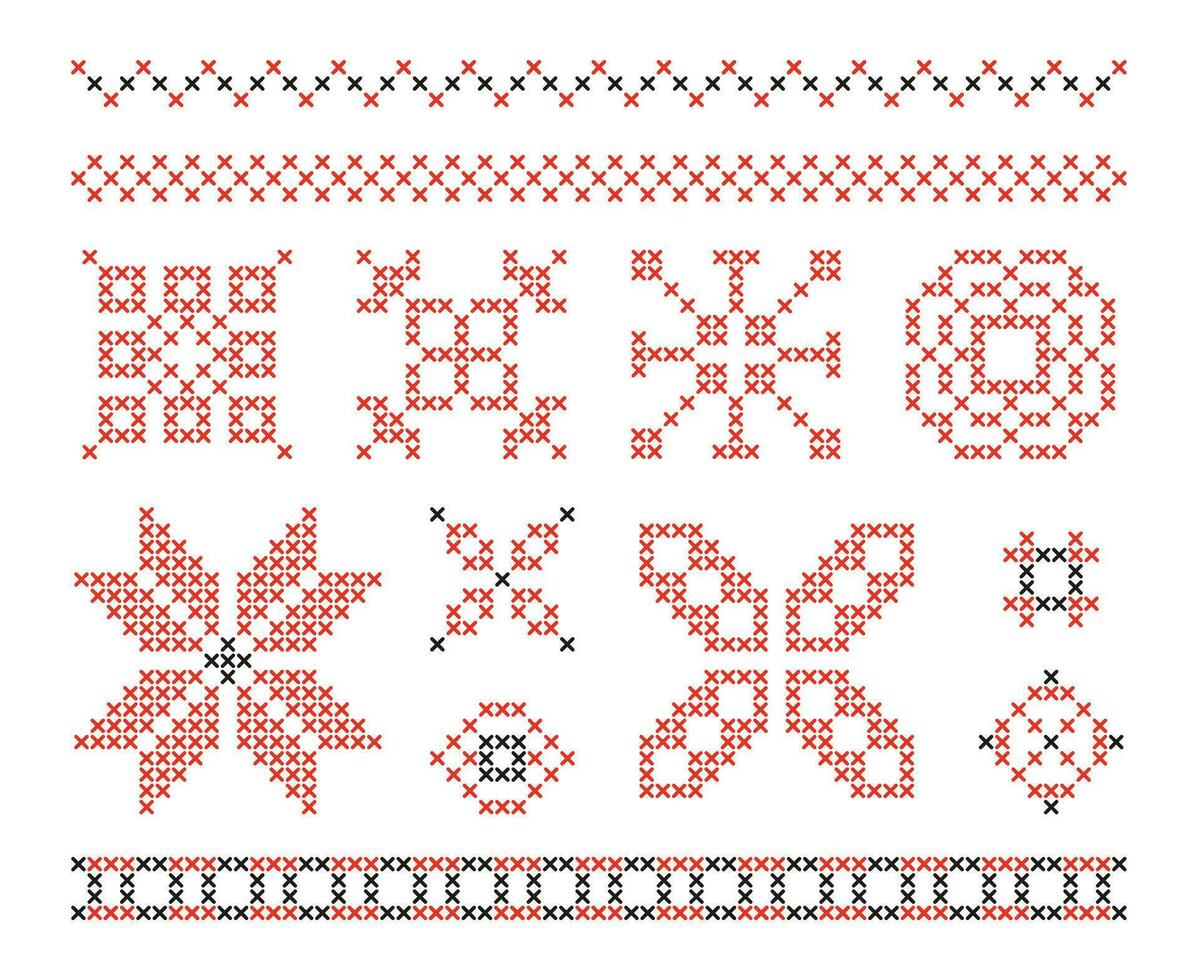 Embroidery stitch cross ornaments. Embroidery craft crosses pattern, sewing stitched heart, folk abstract ornament, fabric symmetry elements. Vector set
