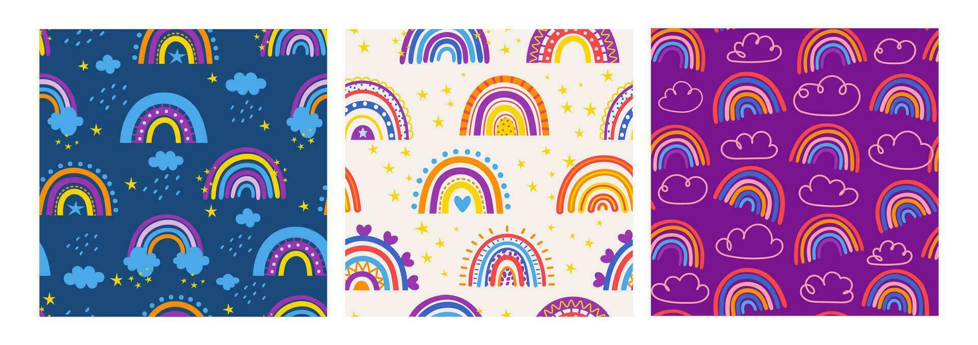 Seamless pattern rainbow. Cute cartoon baby print, kids rainbows background, cloud and stars element, repeating decoration print. Trendy fabric textile. Vector set