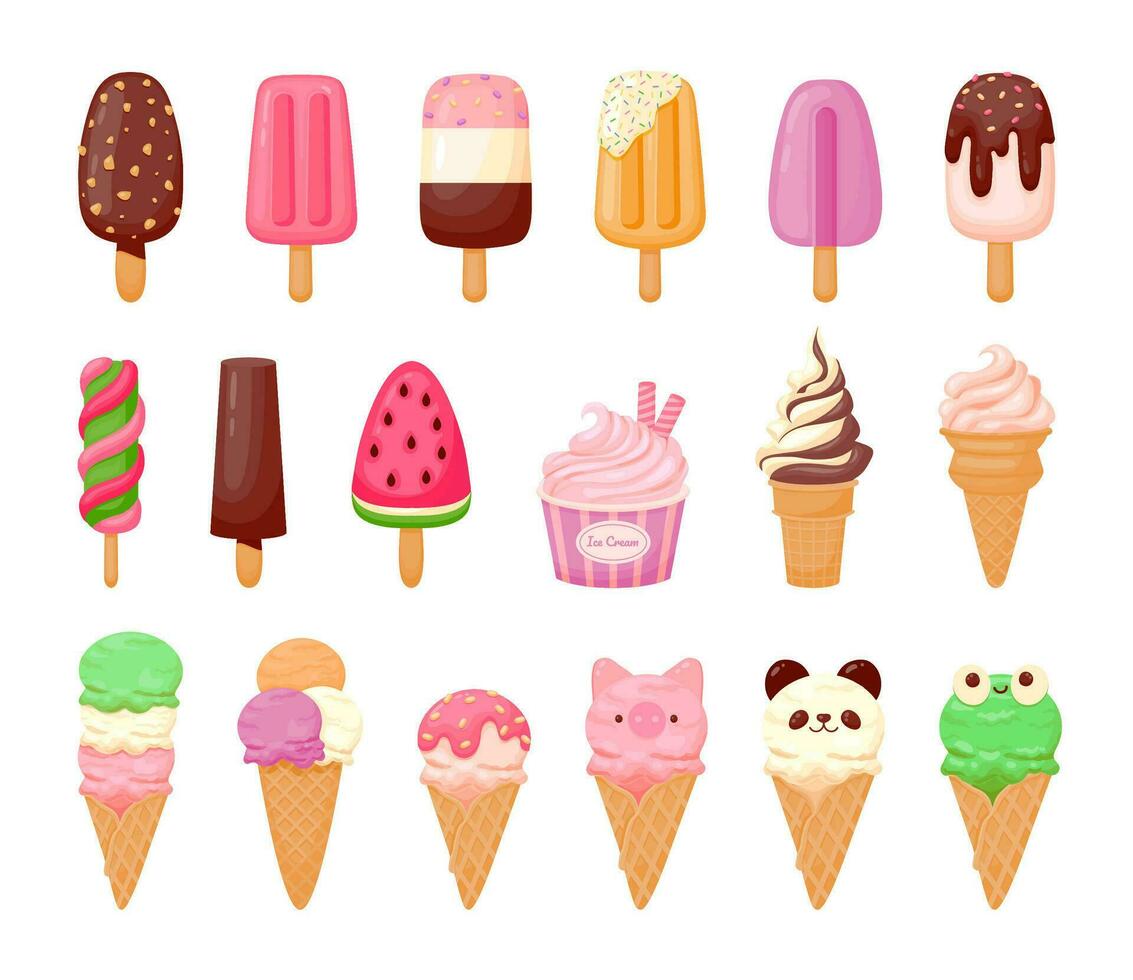 Cartoon ice cream. Sweet sundae, gelato in cone, cute chocolate summer freeze dessert, fruit popsicle, delicious scoop ice cream with animal face. Vector set