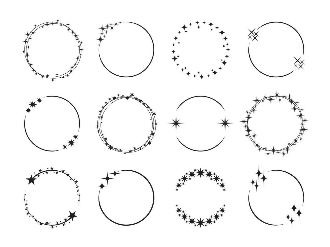 Star frame. Circle frames with sparkle stars, Christmas glitter round line borders. Starry ring shiny birthday banner. Isolated magic badge vector set