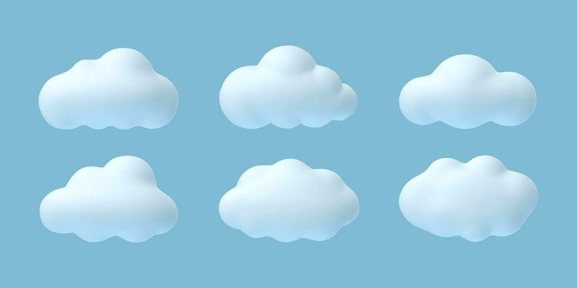 3d clouds. White cartoon cloud in summer, spring blue sky, fluffy cumulus shapes. Abstract balloon elements isolated vector set