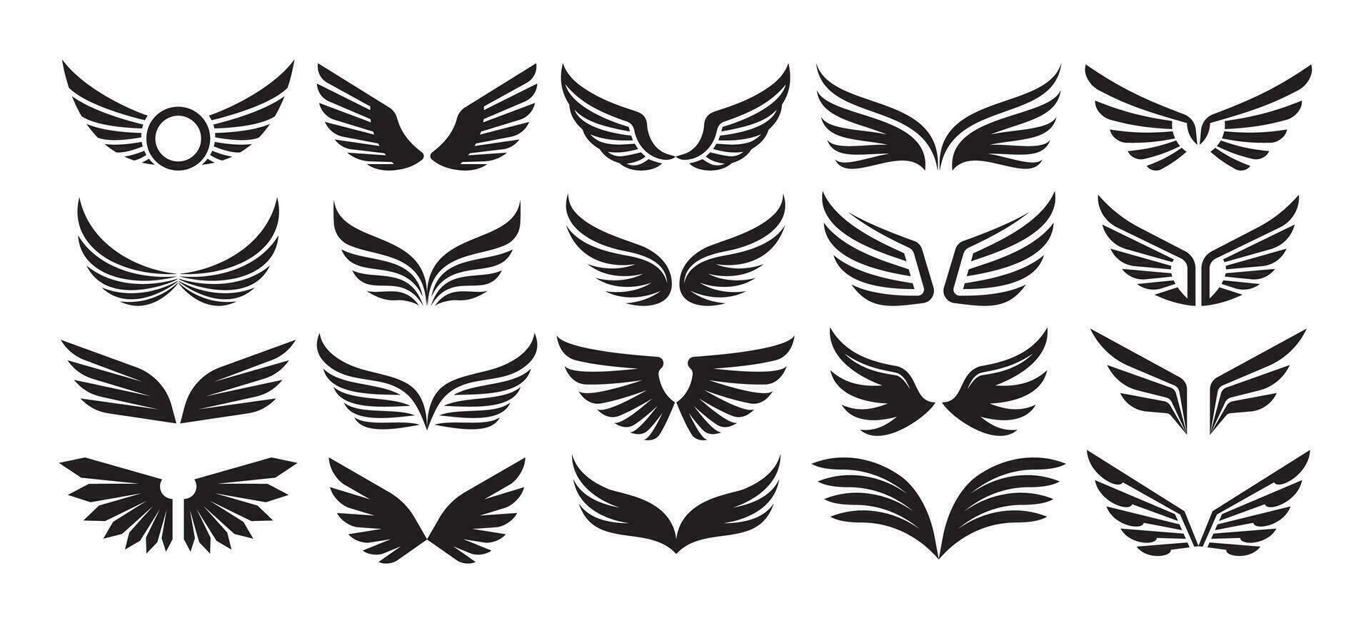 Wings emblem. Retro bird tattoo angel wing icon, military heraldic symbols. Flying eagle logo vector winged label isolated set