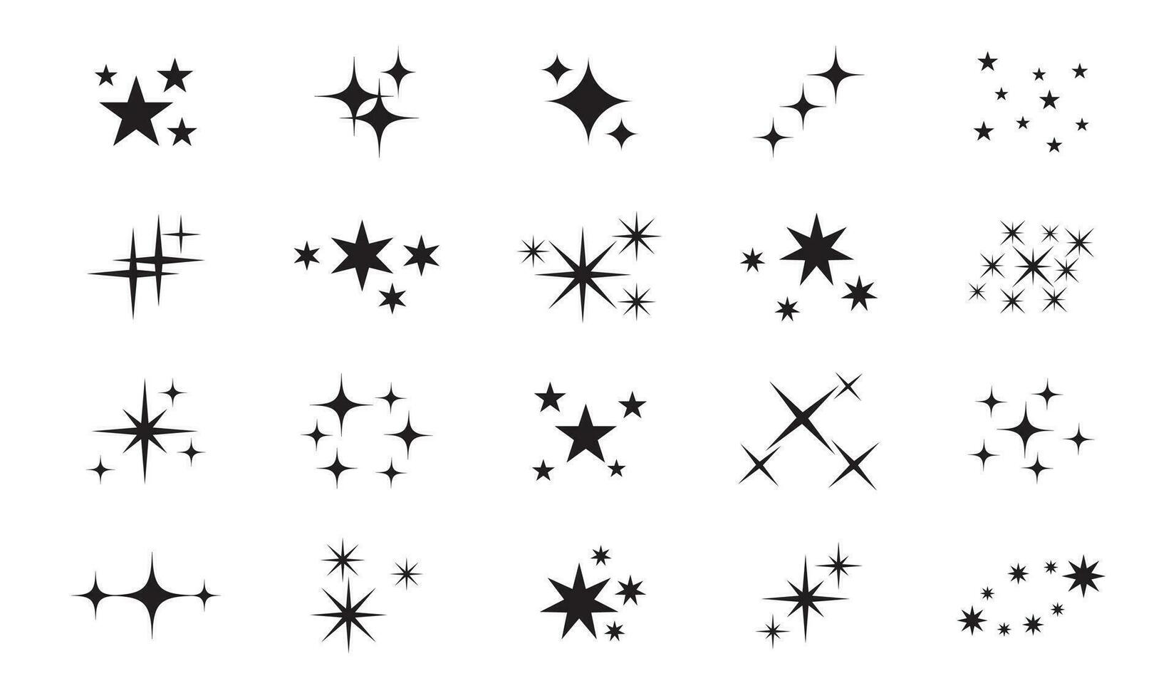 Sparkles stars. Shiny magic Christmas starburst effect, twinkle sparkle star silhouettes. Abstract asterisk glitter groups, tattoo design vector set