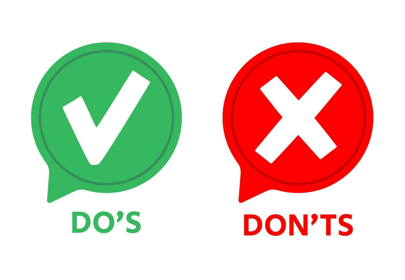 Dos and donts icons. Yes or no symbols speech bubble. Check green tick and red cross, good or bad checking, false or wrong answers. Vector illustration