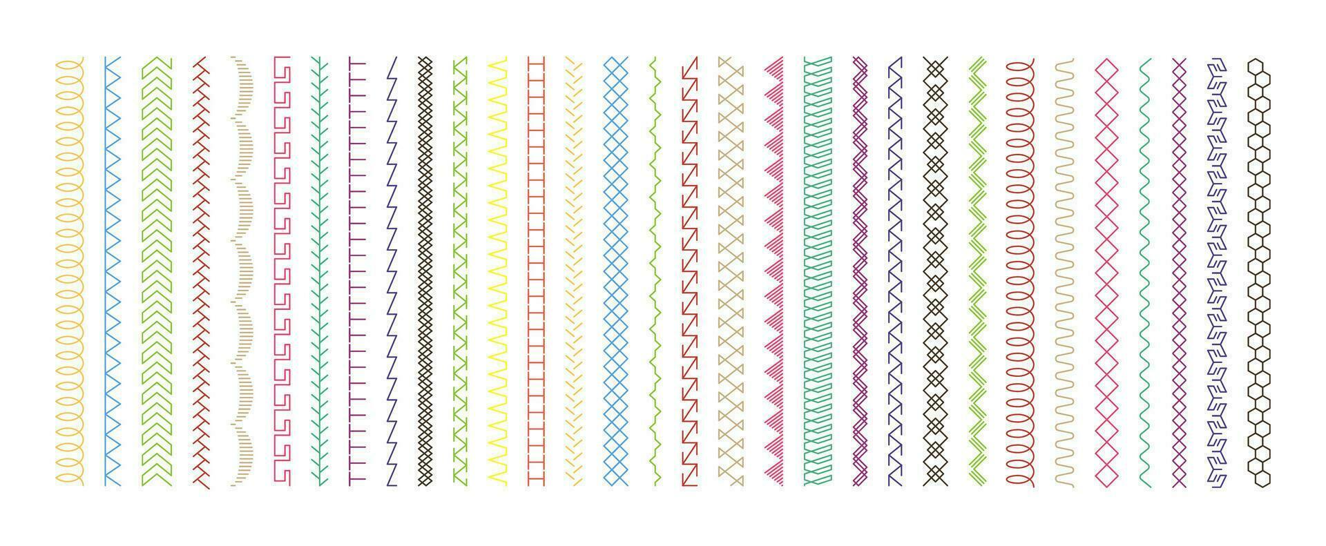 Sew stitch. Colorful seamless pattern brush embroidery thread seam, fabric sewing machine stitches line border, textile seam. Needlework. Vector set