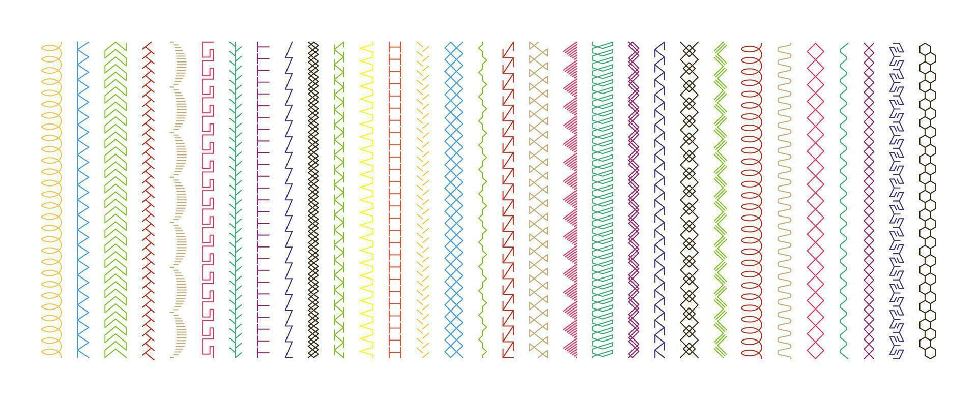 Sew stitch. Colorful seamless pattern brush embroidery thread seam, fabric sewing machine stitches line border, textile seam. Needlework. Vector set