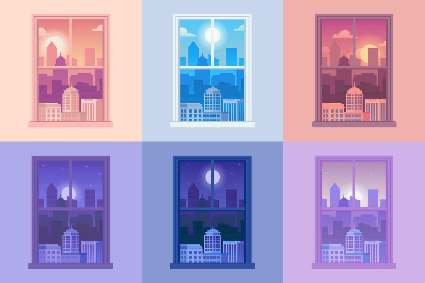 Window day night views. Windows outside view sunny day, night and morning time, frame with city, evening background with town building with sun and moon. Vector illustration