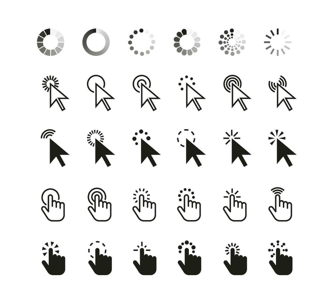 Pointer click cursor icon. Web outline pictogram cursors arrow, computer hand, finger and wait loading circle symbol. Digital website tools. Vector set