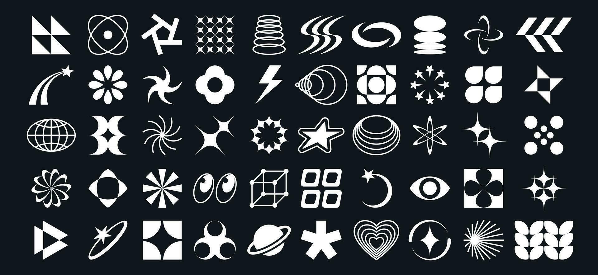 Y2k elements. Abstract geometric stars, simple globe and minimal 2000 bauhaus techno shapes. 90s brutalism, acid rave y2k isolated vector retro icons