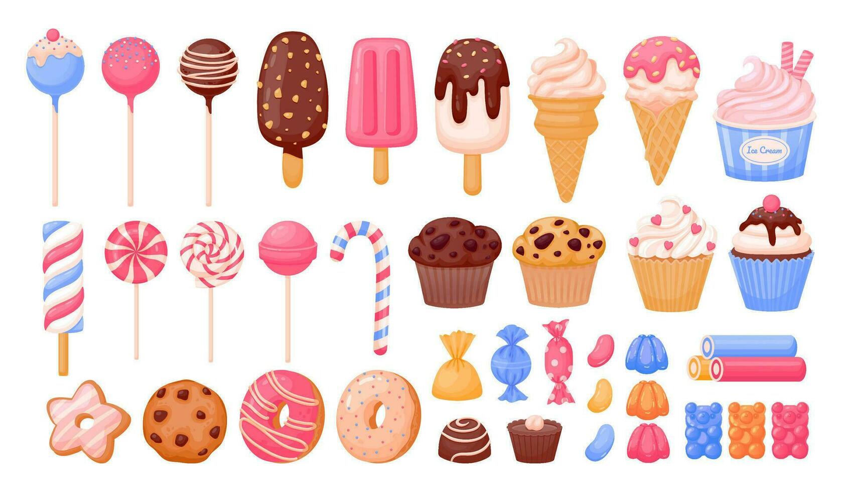 Cartoon sweets. Sweet dessert, candy, cute cake, lollipop, chocolate, sugar pastry, ice cream, donut, caramel, colorful bakery, bear dragee. Vector set