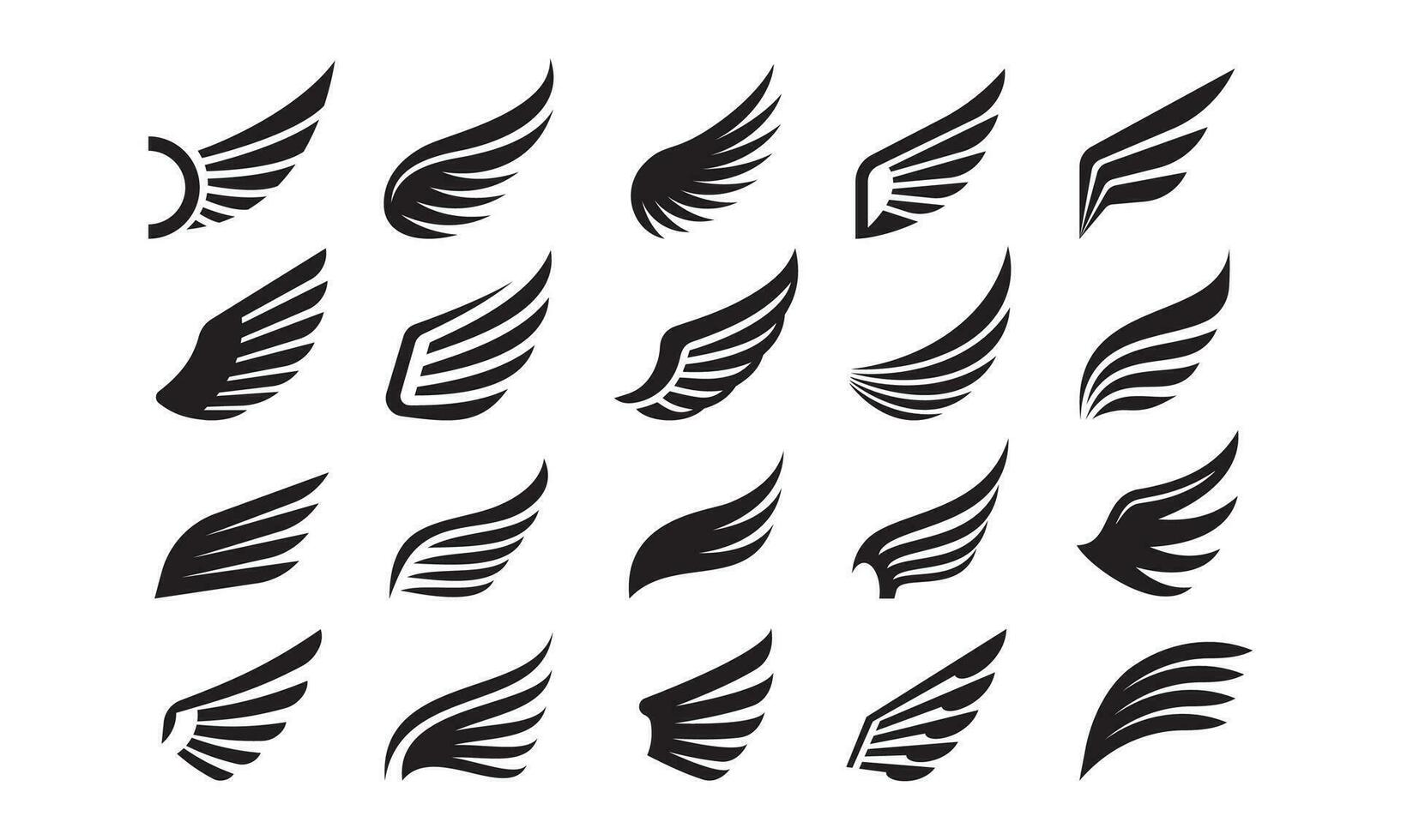 Wings icons. Angel bird eagle wing and feather emblem, simple hawk silhouette heraldic symbol. Minimal dove freedom vintage tattoo vector set