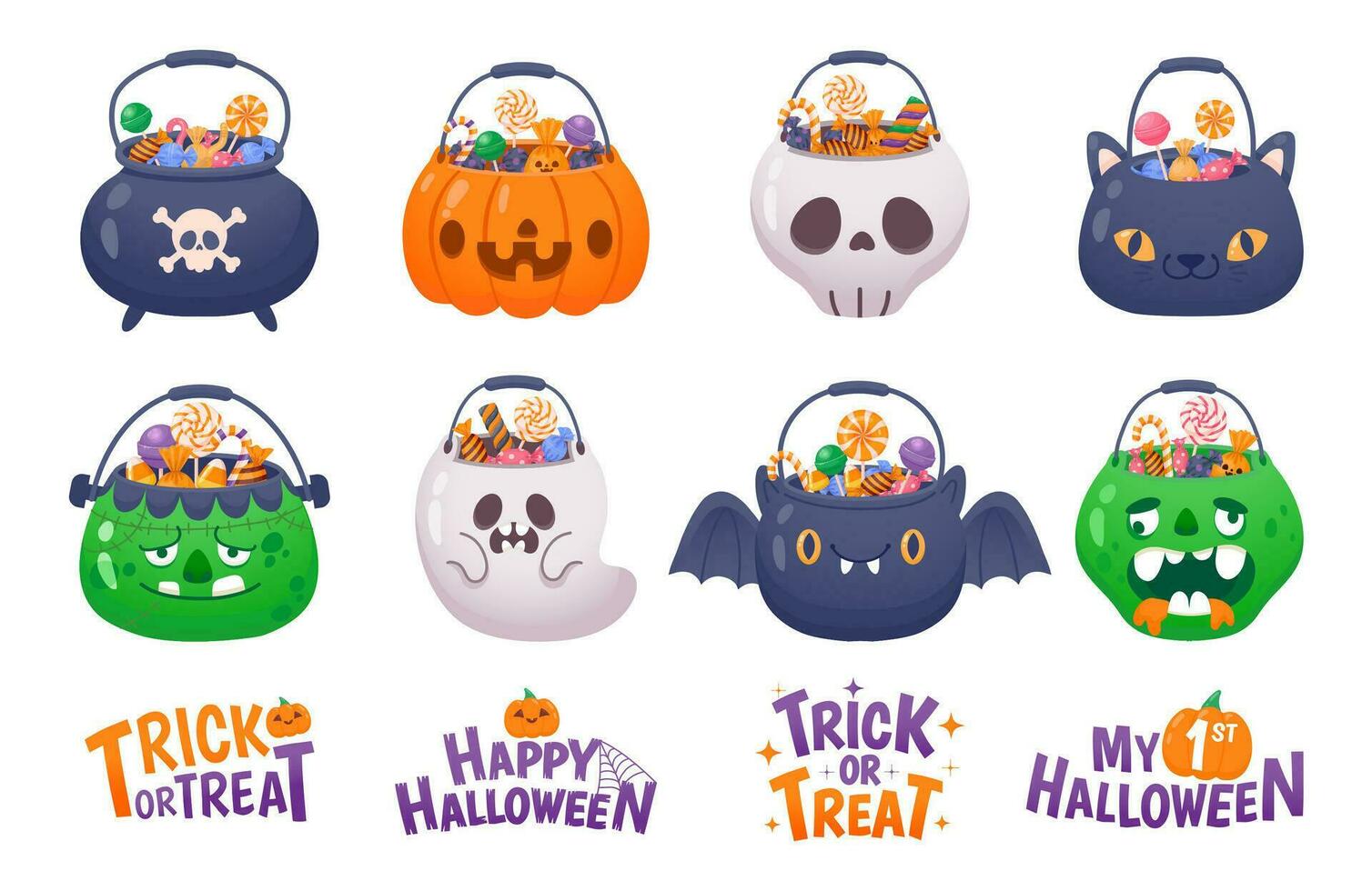 Halloween bucket with sweets. Trick or treat. Pumpkin buckets with candies, cat pack with lollipop, dessert inside skull bag, party ghost basket. Kids treat. Vector set