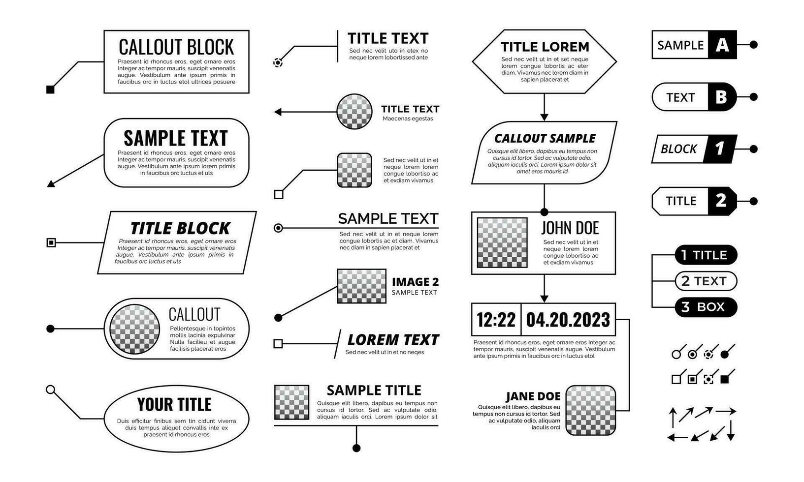 gritar títulos texto caja con línea flechas, inferior tercero gráfico. infografia informacion formas, cajas de texto. llamada fuera vector aislado conjunto