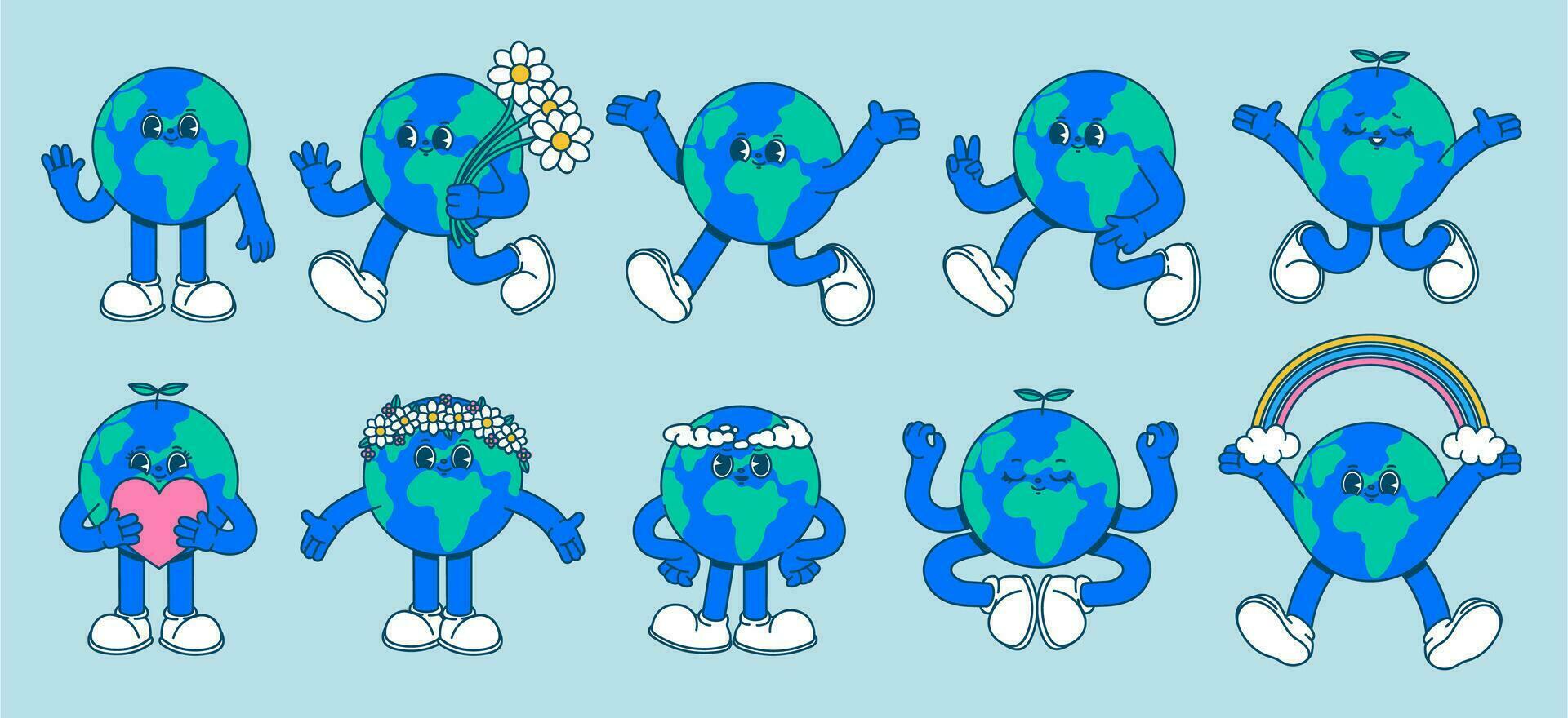 dibujos animados mascota tierra. retro 70s cómic personaje tierra, caminando Clásico linda planeta, contento globo con corazón y flores, pegatinas garabatear mundo. vector conjunto