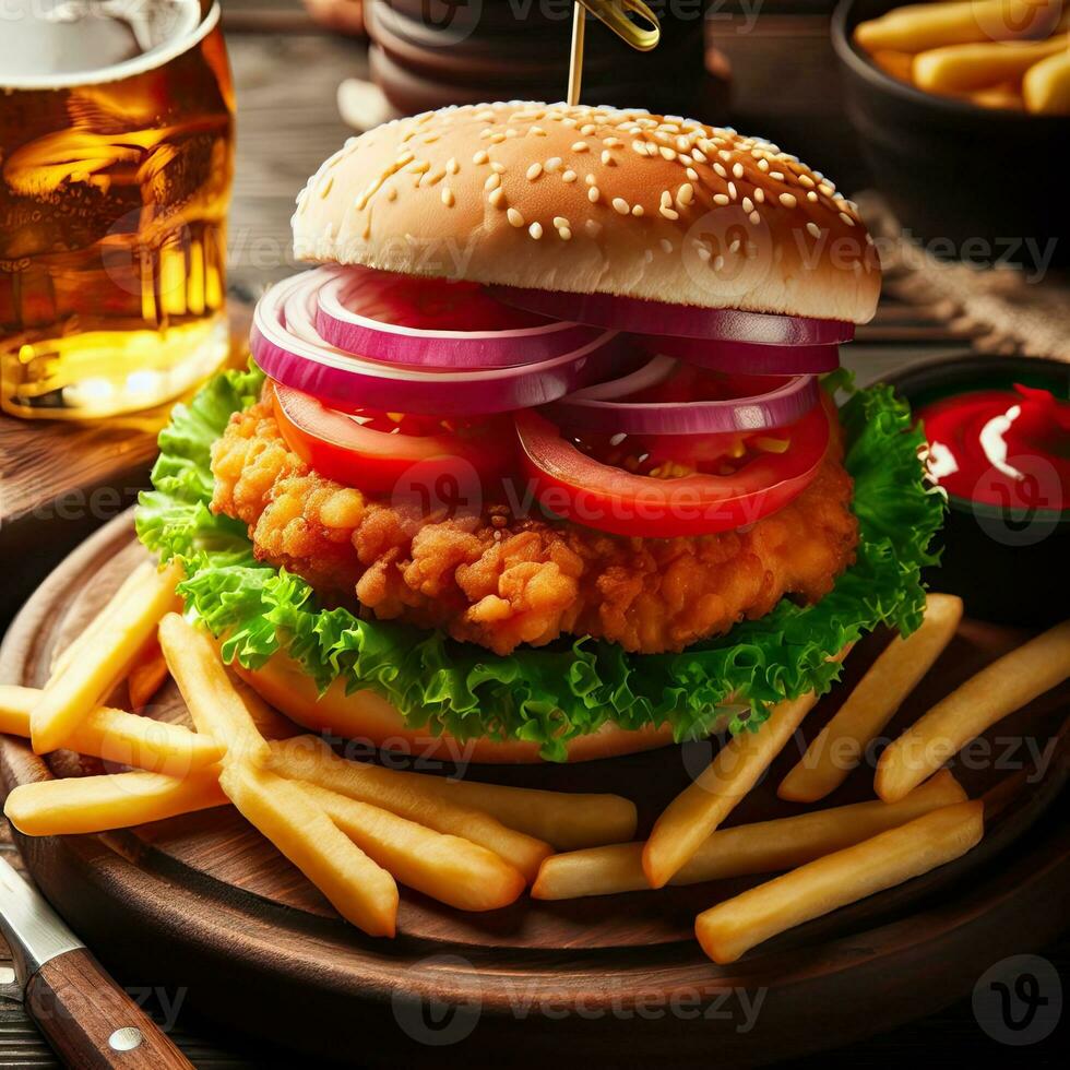 AI generated Delicious chicken burger with french fries on the table AI Generative photo